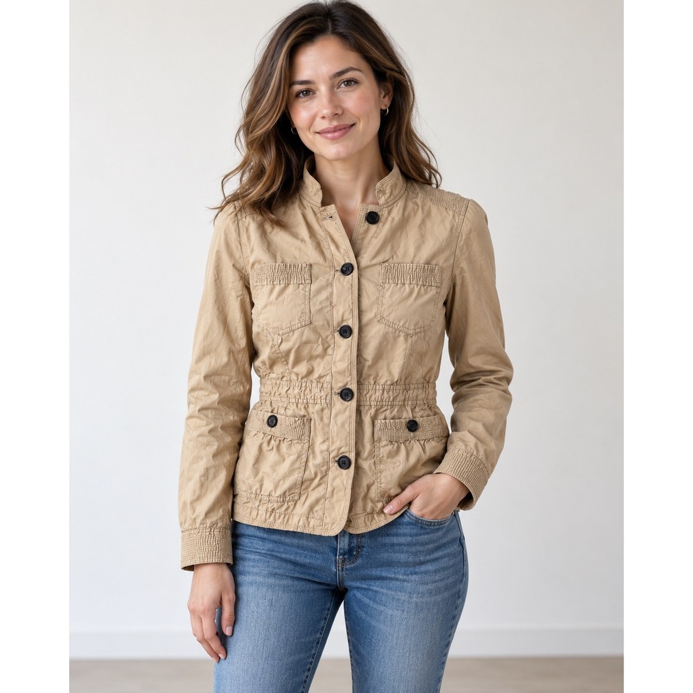 St. Johns Bay Womens Tan Khaki Cotton Utility Jacket Mock Neck Cinched Waist M
